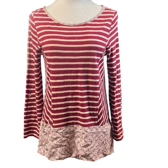 Anthropologie Tops - Postmark Anthropologie Burgundy Striped Mixed Media Peplum Tunic Top Medium